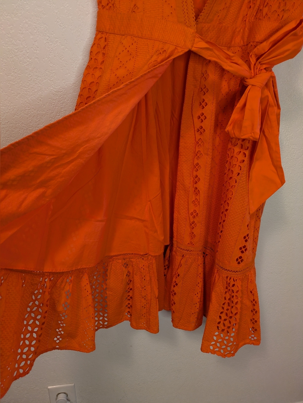 J. Crew Orange Eyelet Wrap Midi Dress with Waist Tie - Picture 12 of 12